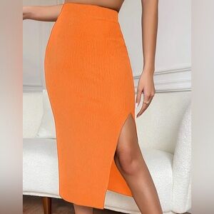 Orange Ribbed Pencil Midi Skirt with Slit